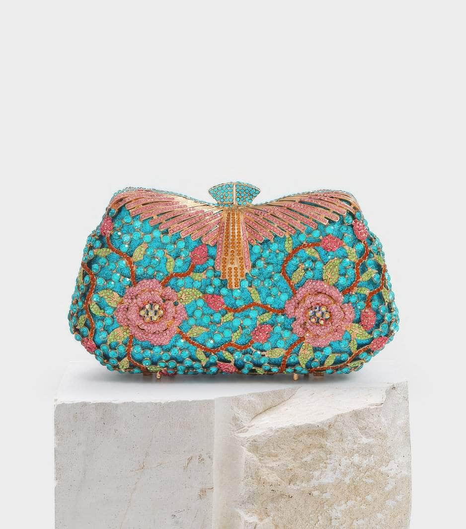 Multicolor Floral Crystal Rhinestone Bling Purse Blue