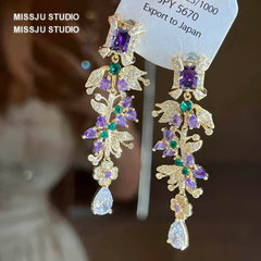 Multicolor Gemstone Floral Deco Crystal Teardrop Earrings Purple