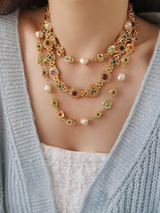 Multicolor Gemstone Geometric Vintage Round Necklace Gold / Necklace