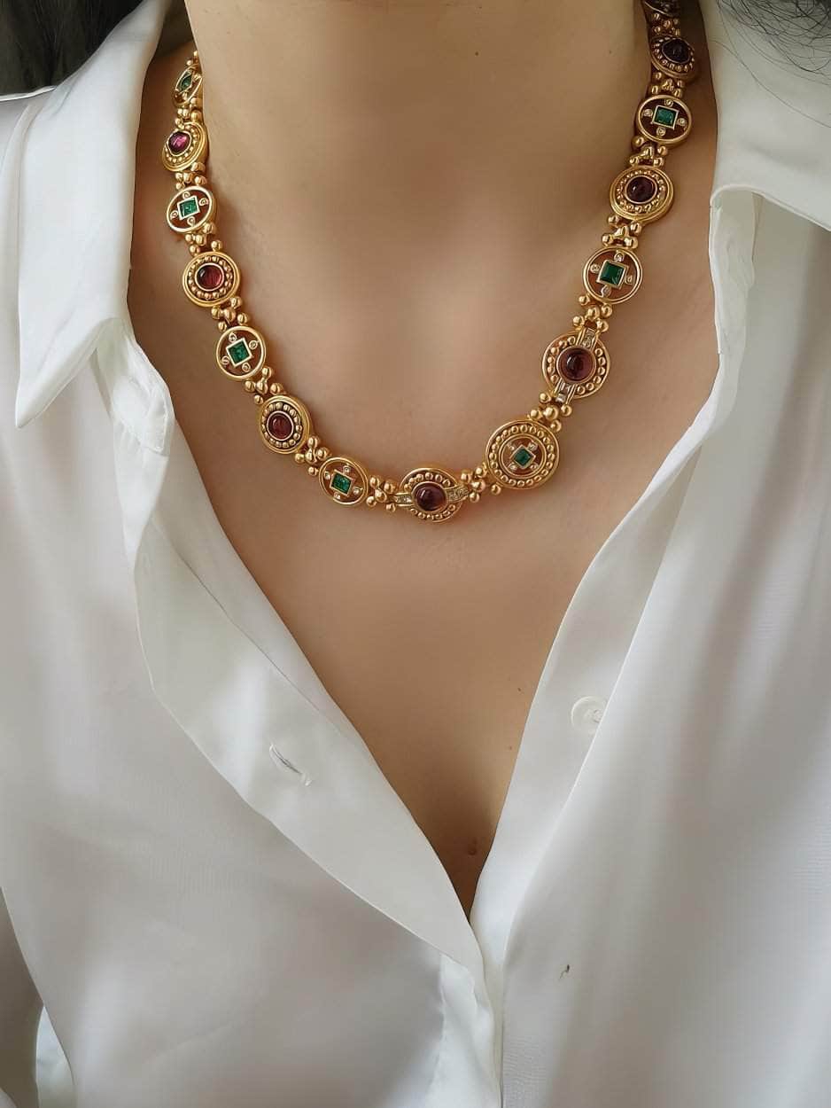 Multicolor Gemstone Geometric Vintage Round Necklace Gold / Necklace