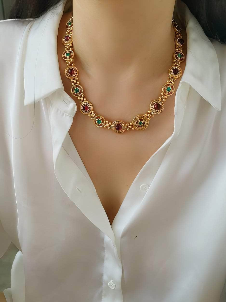 Multicolor Gemstone Geometric Vintage Round Necklace Gold / Necklace