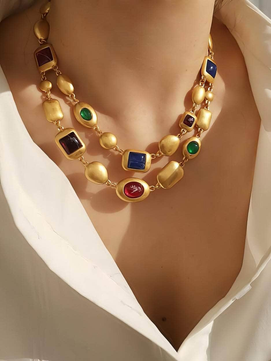 Multicolor Two-Row Statement Gold Necklace Gold / Necklace