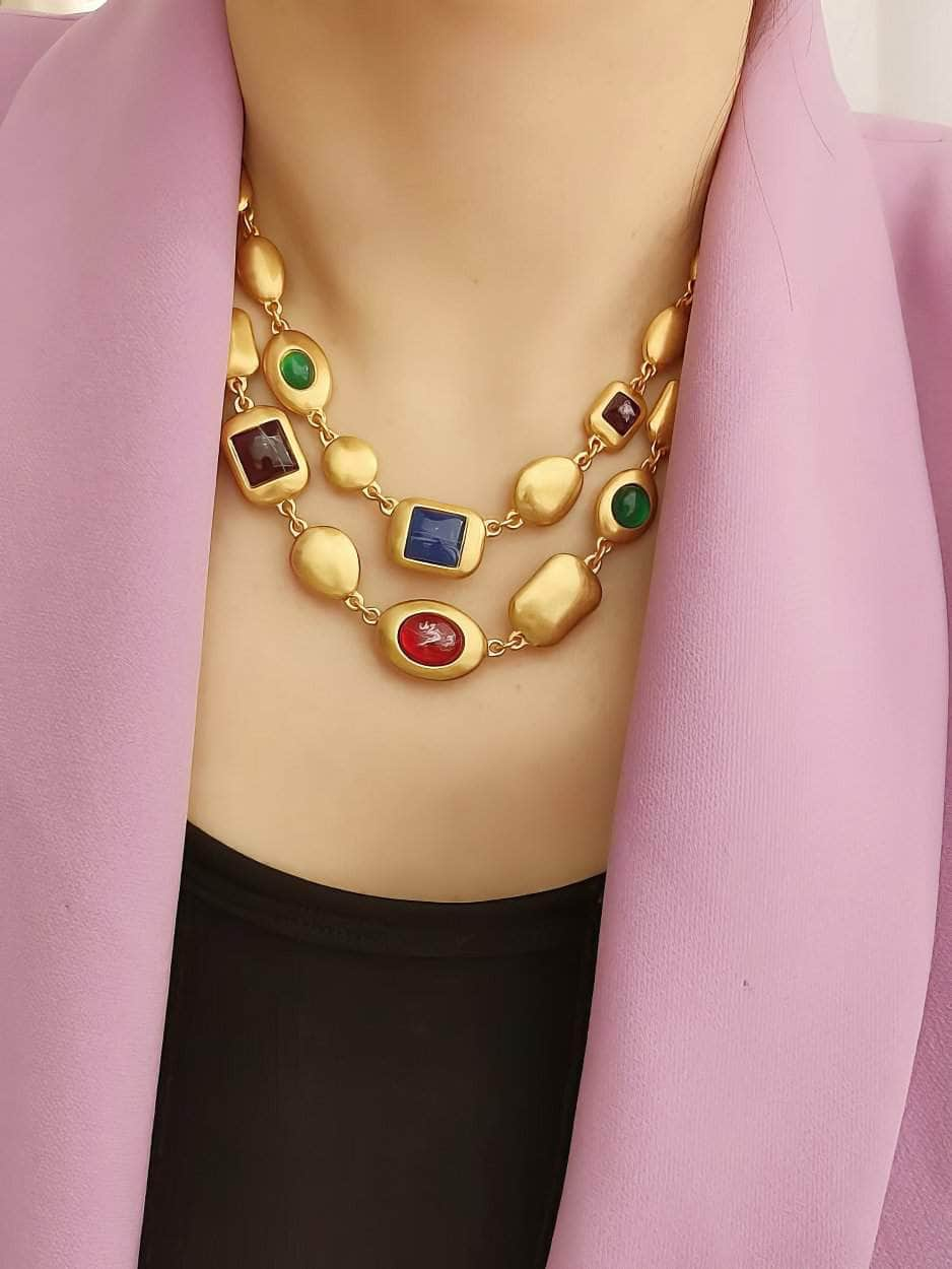 Multicolor Two-Row Statement Gold Necklace Gold / Necklace