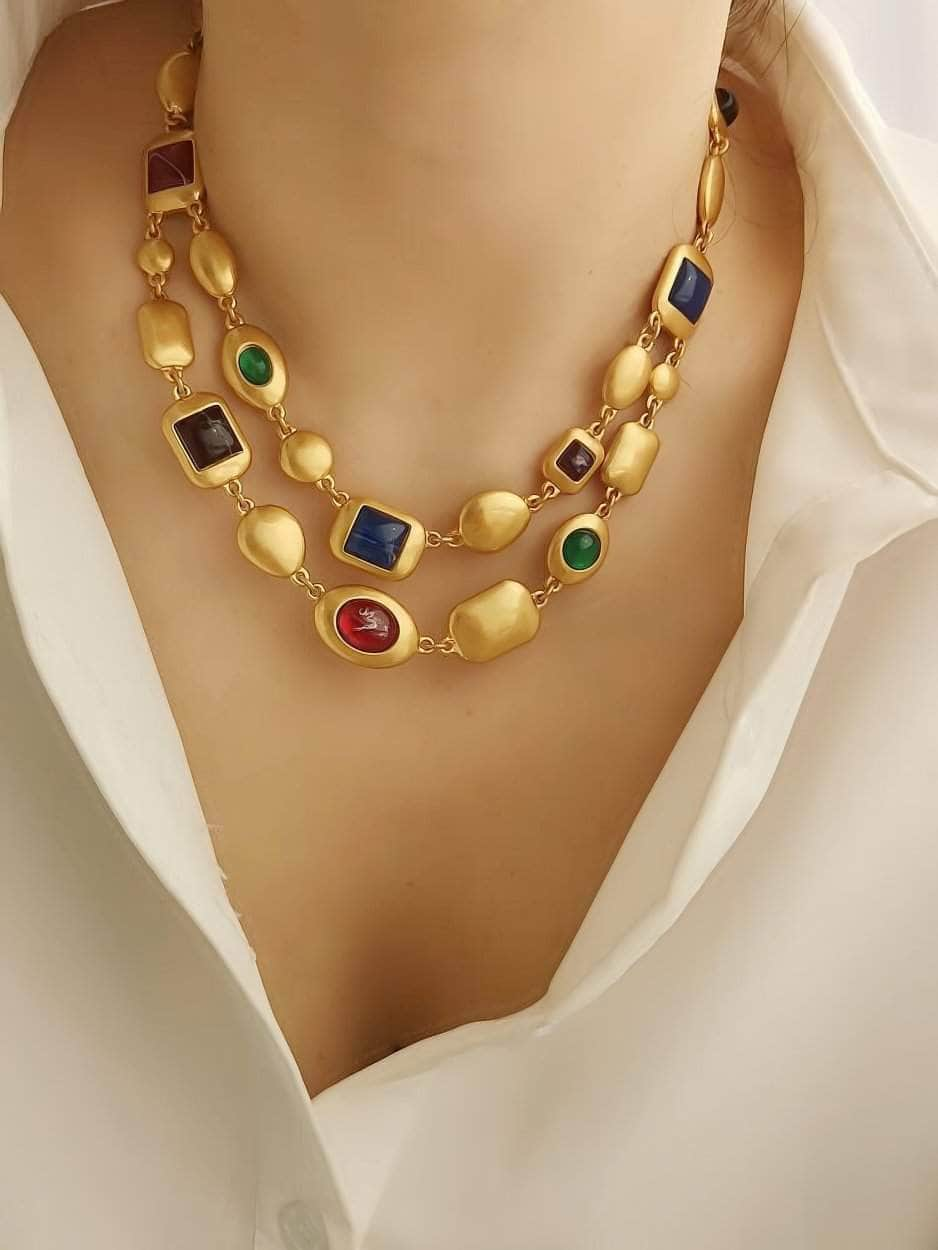 Multicolor Two-Row Statement Gold Necklace Gold / Necklace