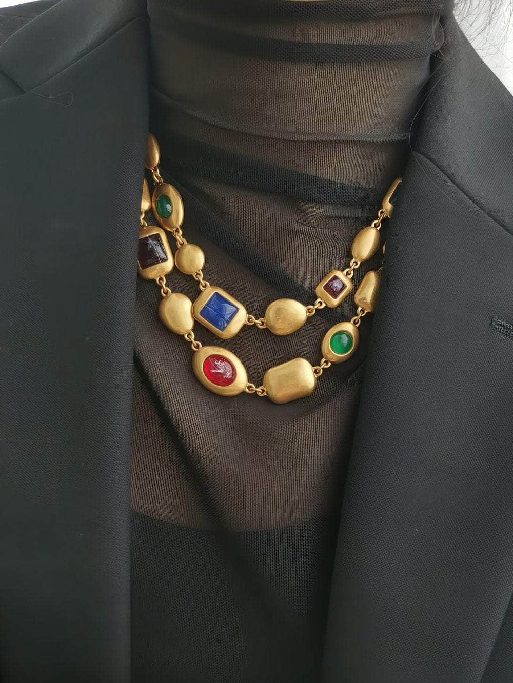 Multicolor Two-Row Statement Gold Necklace Gold / Necklace