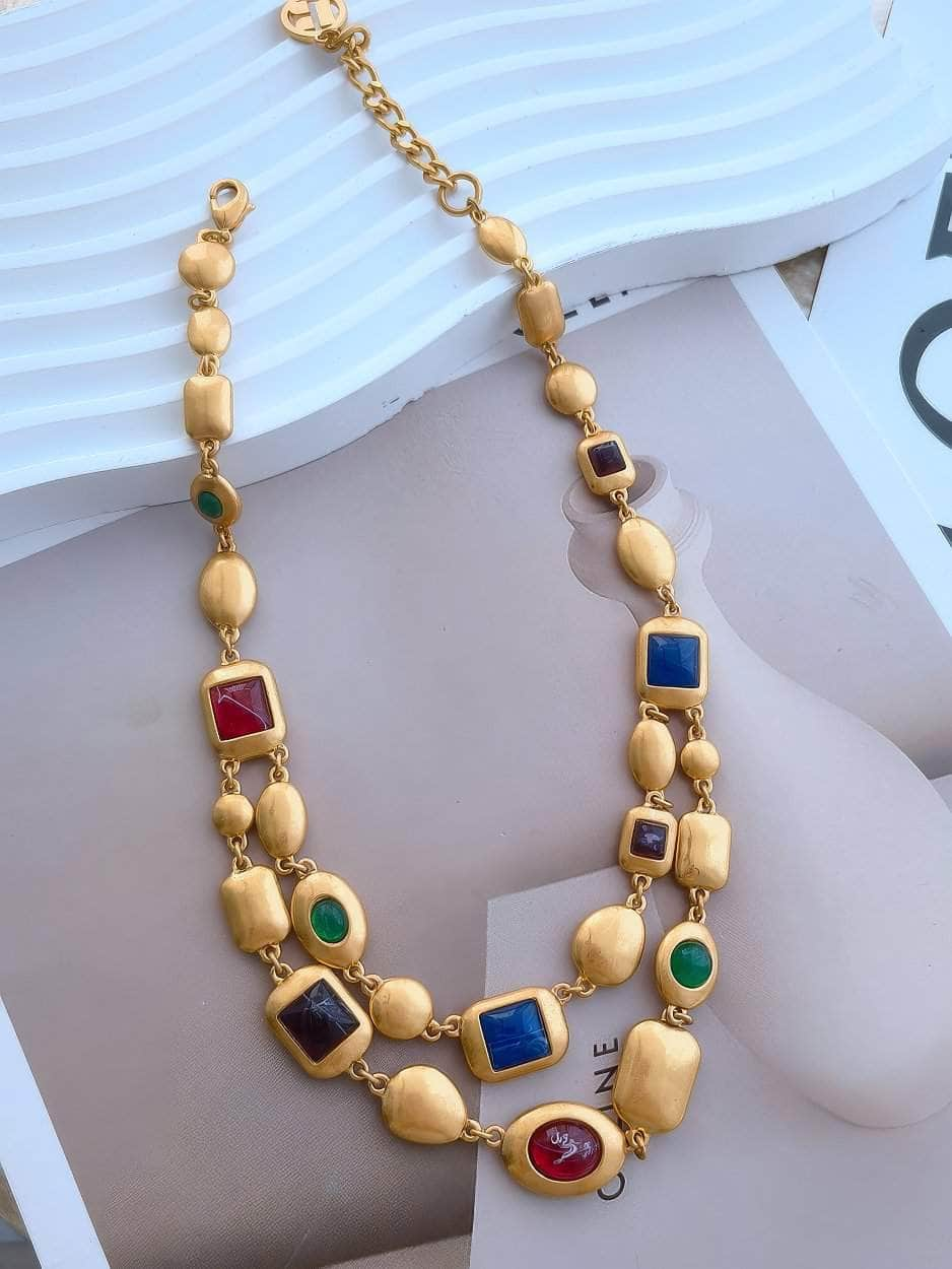 Multicolor Two-Row Statement Gold Necklace Gold / Necklace