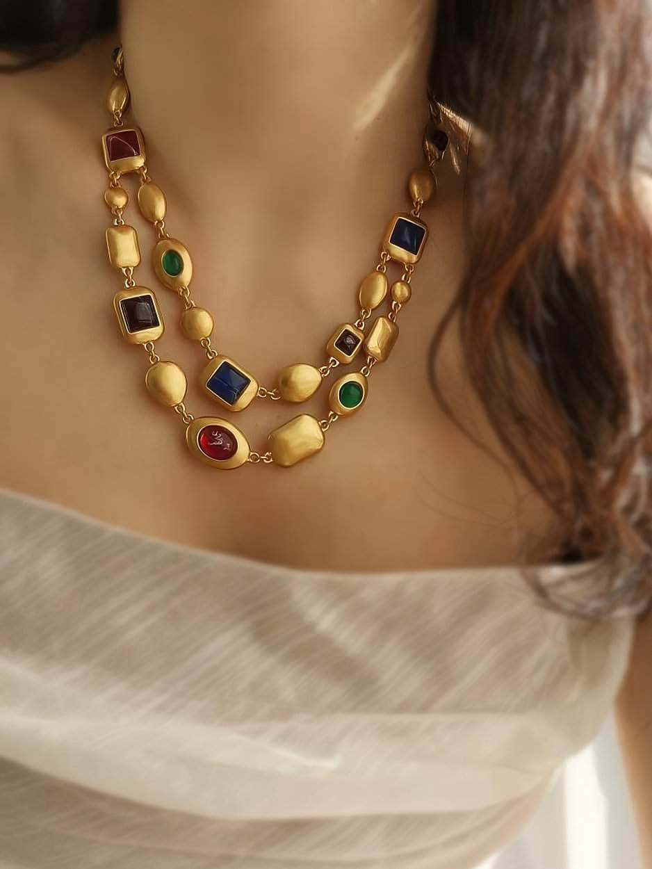 Multicolor Two-Row Statement Gold Necklace Gold / Necklace