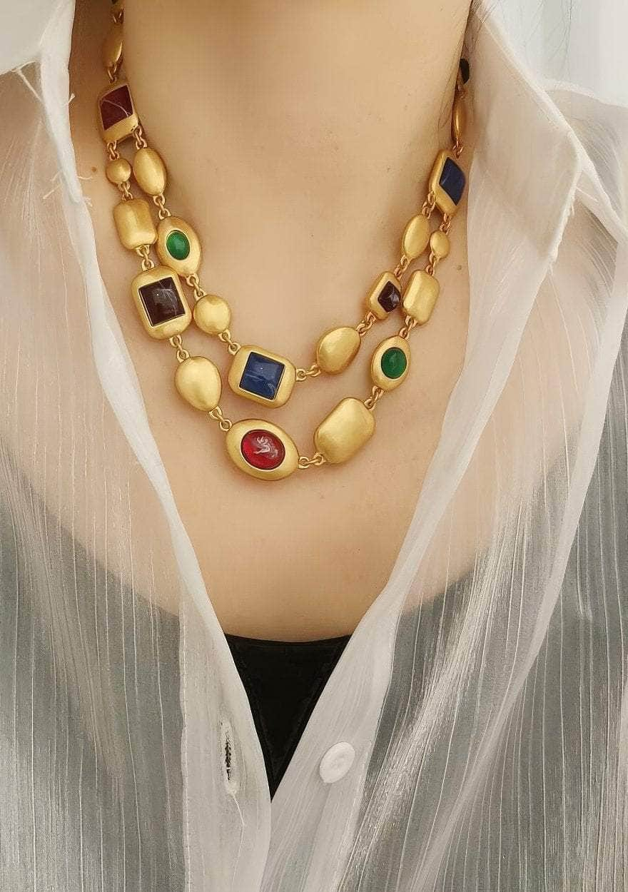 Multicolor Two-Row Statement Gold Necklace Gold / Necklace