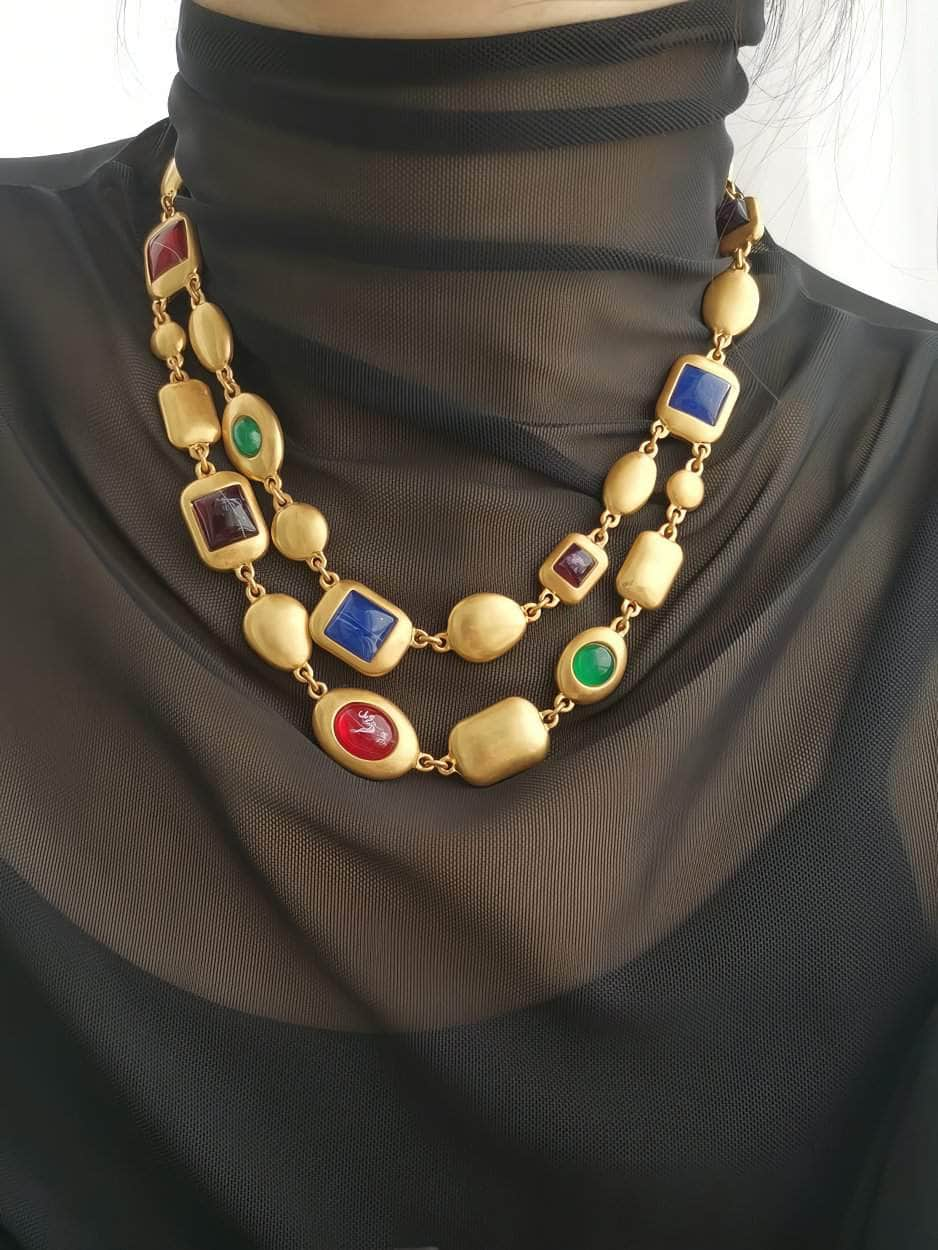 Multicolor Two-Row Statement Gold Necklace Gold / Necklace