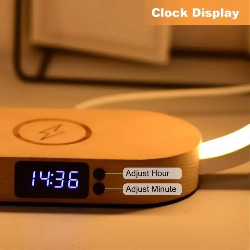 Multifunction Wireless Charger Pad Stand - Clock LED Desk Lamp Night Light, USB Port Fast Charging Dock for iPhone and Samsung Wooden