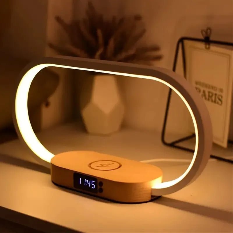 Multifunction Wireless Charger Pad Stand - Clock LED Desk Lamp Night Light, USB Port Fast Charging Dock for iPhone and Samsung Wooden