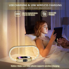 Multifunction Wireless Charger Pad Stand - Clock LED Desk Lamp Night Light, USB Port Fast Charging Dock for iPhone and Samsung Wooden