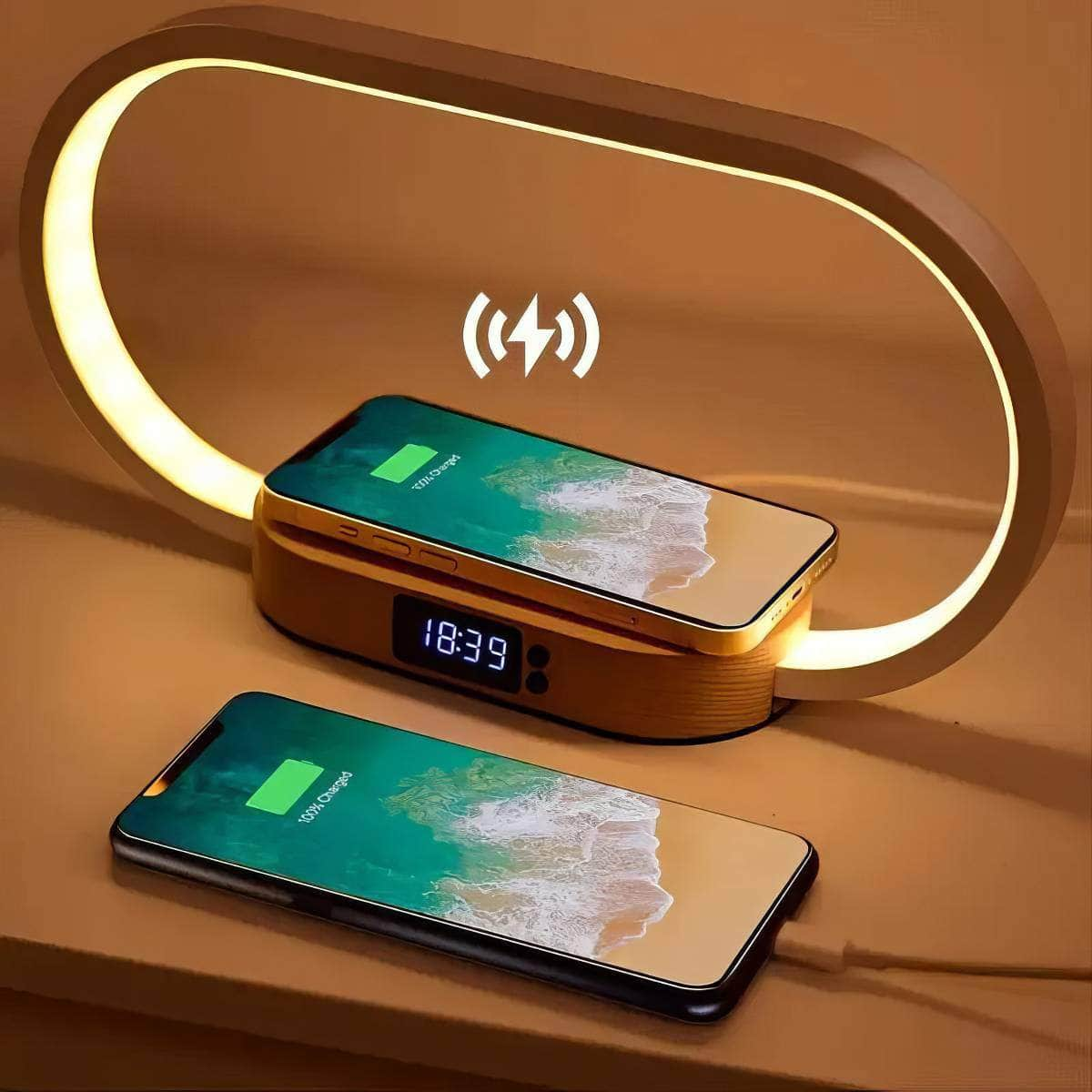 Multifunction Wireless Charger Pad Stand - Clock LED Desk Lamp Night Light, USB Port Fast Charging Dock for iPhone and Samsung Wooden