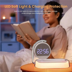 Multifunction Wireless Charger Stand: LED Desk Lamp, Clock, 15W Fast Charging White