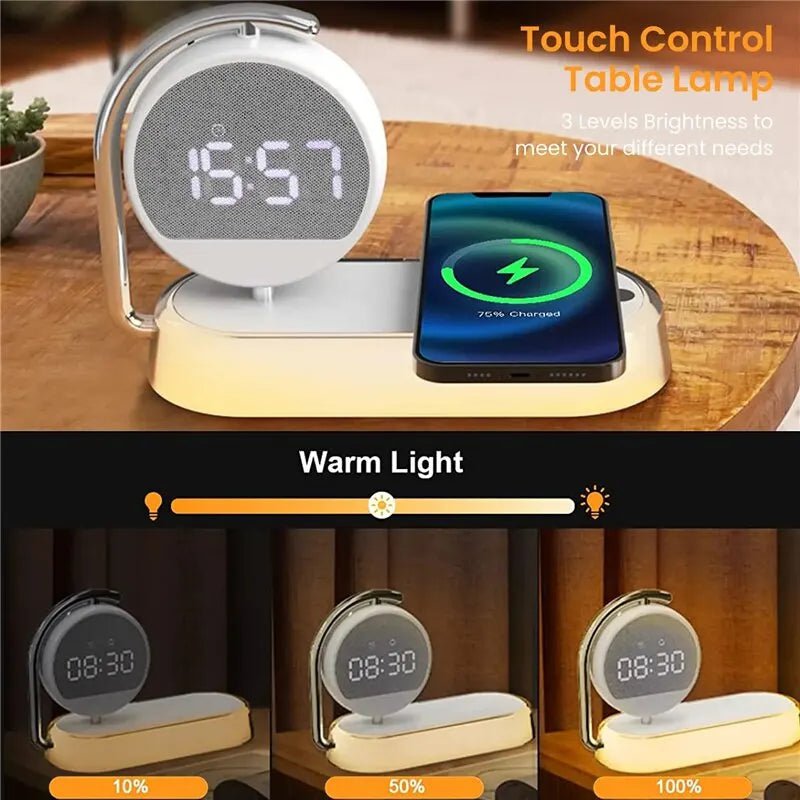 Multifunction Wireless Charger Stand with LED Desk Lamp and Clock - 15W Fast Charging Dock for iPhone and Samsung White