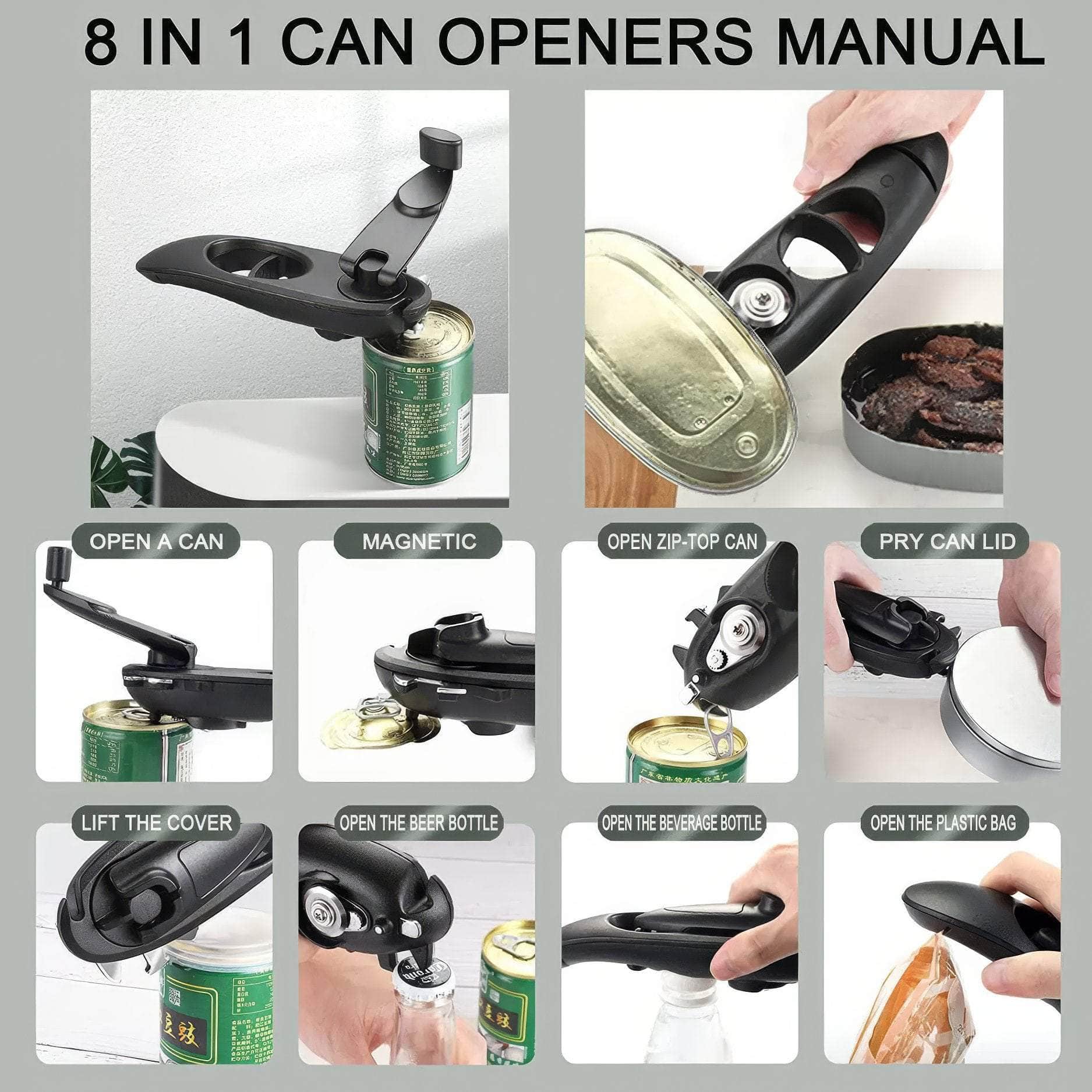 Multifunctional 8 in 1 Manual Can Opener