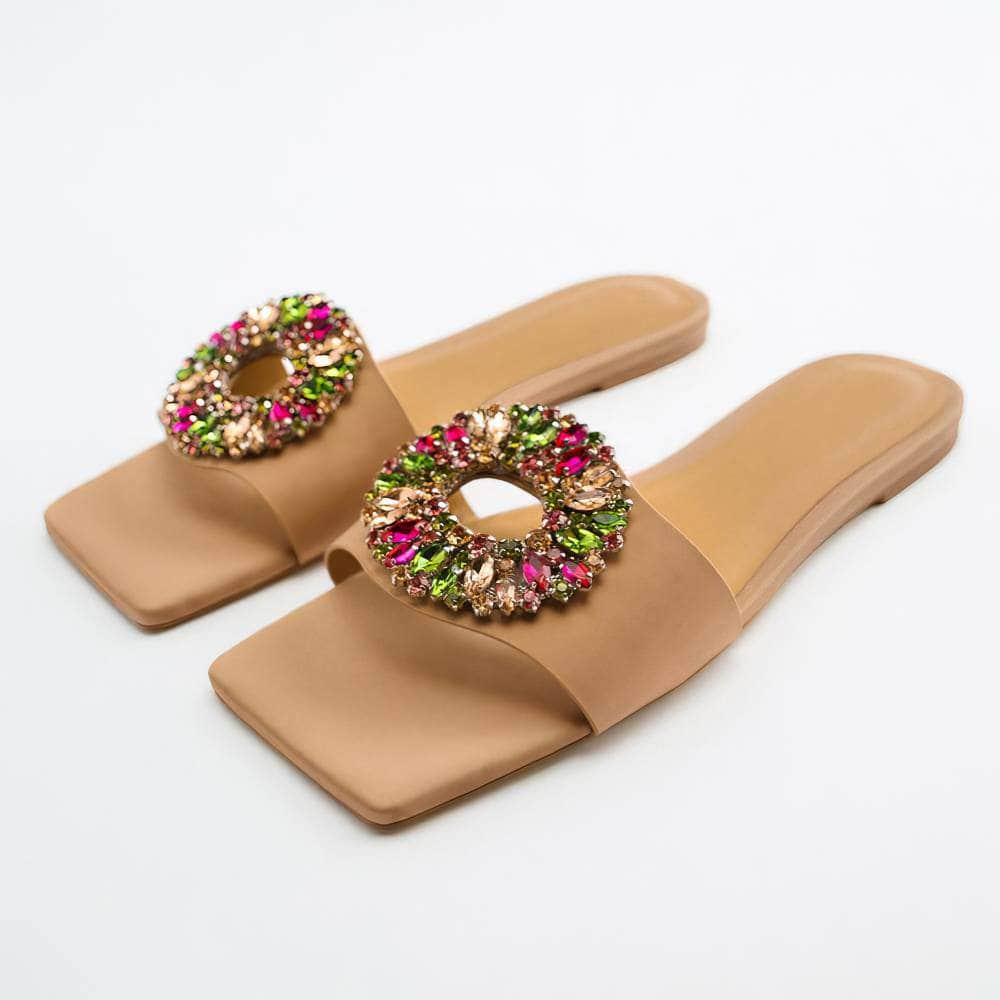 Multistone Crystal Embellished Flat Slip-On Slides EU 34 / BurlyWood