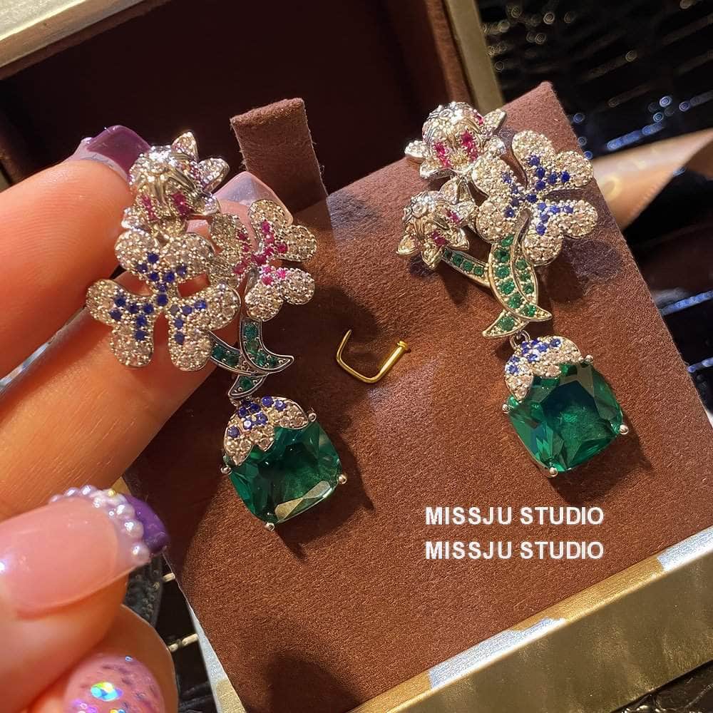 Multistone Floral Decor Dangle Drop Earrings Multicolor