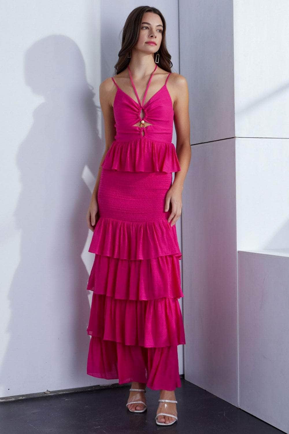 MUSTARD SEED Smocked Ruffled Layered Hem Dress Hot Pink / S
