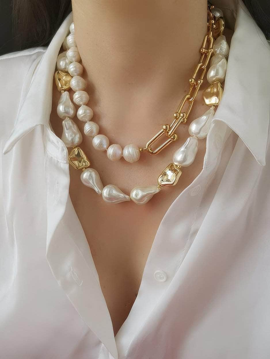 Natural White Baroque Pearl Gold Statement Necklace Gold