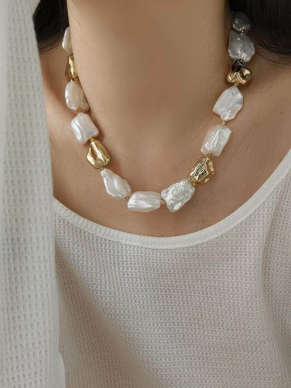 Natural White Baroque Pearl Gold Statement Necklace Gold