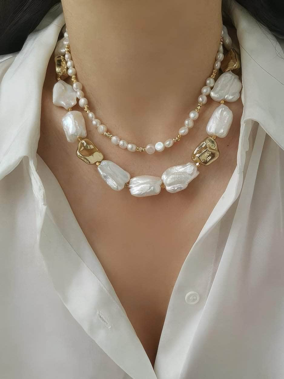 Natural White Baroque Pearl Gold Statement Necklace Gold