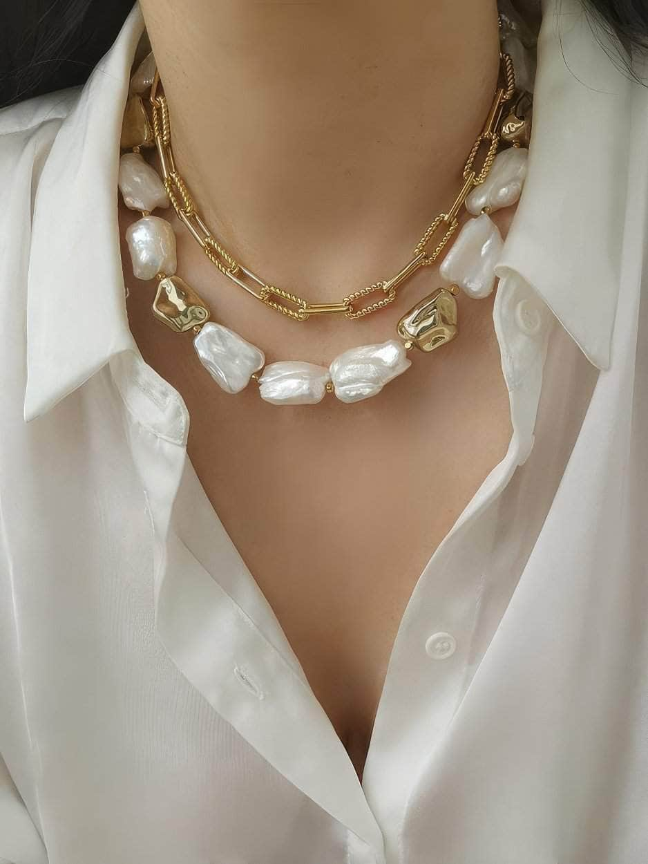 Natural White Baroque Pearl Gold Statement Necklace Gold