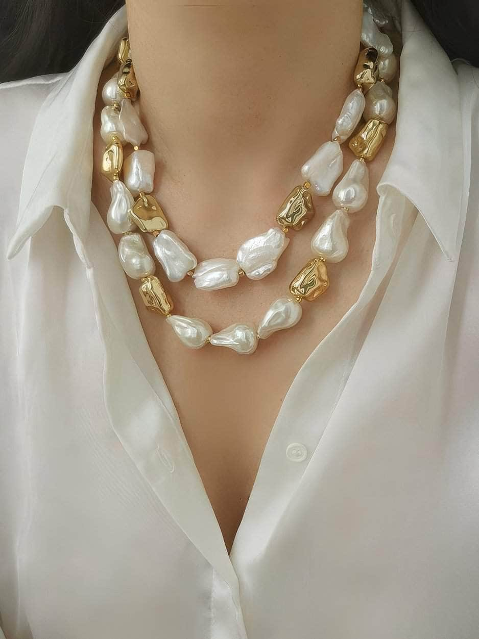 Natural White Baroque Pearl Gold Statement Necklace Gold