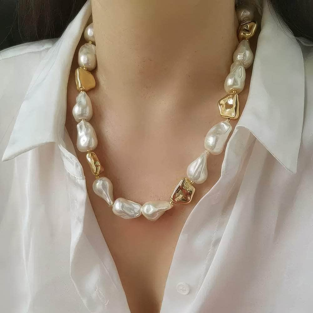 Natural White Baroque Pearl Gold Statement Necklace Gold