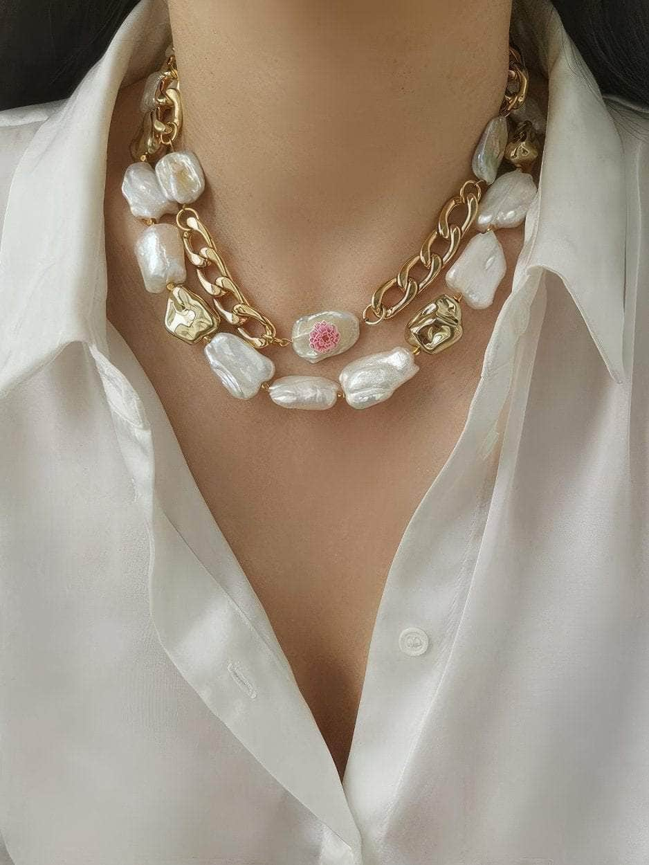 Natural White Baroque Pearl Gold Statement Necklace Gold