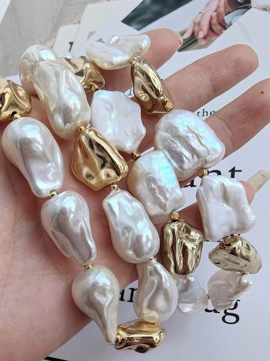 Natural White Baroque Pearl Gold Statement Necklace Gold