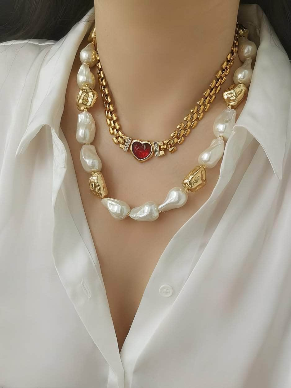 Natural White Baroque Pearl Gold Statement Necklace Gold