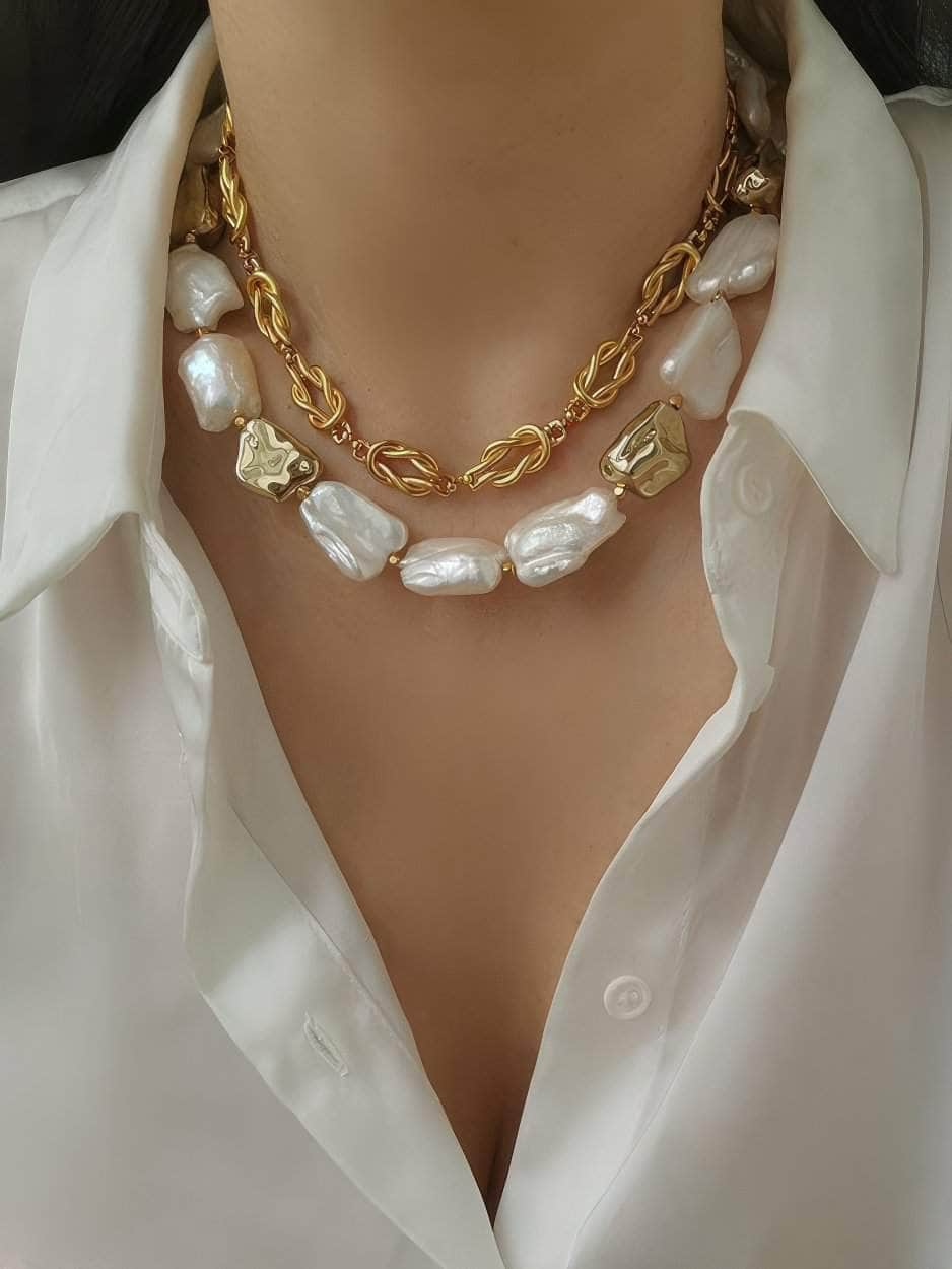 Natural White Baroque Pearl Gold Statement Necklace Gold