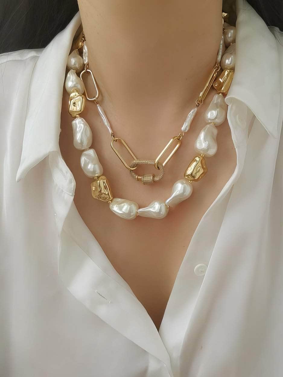 Natural White Baroque Pearl Gold Statement Necklace Gold