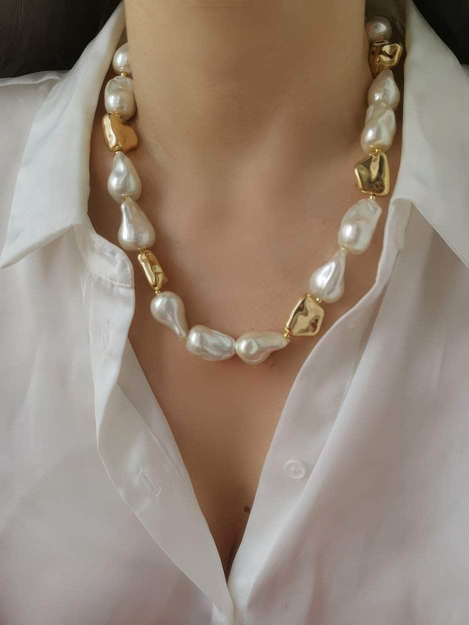 Natural White Baroque Pearl Gold Statement Necklace Gold