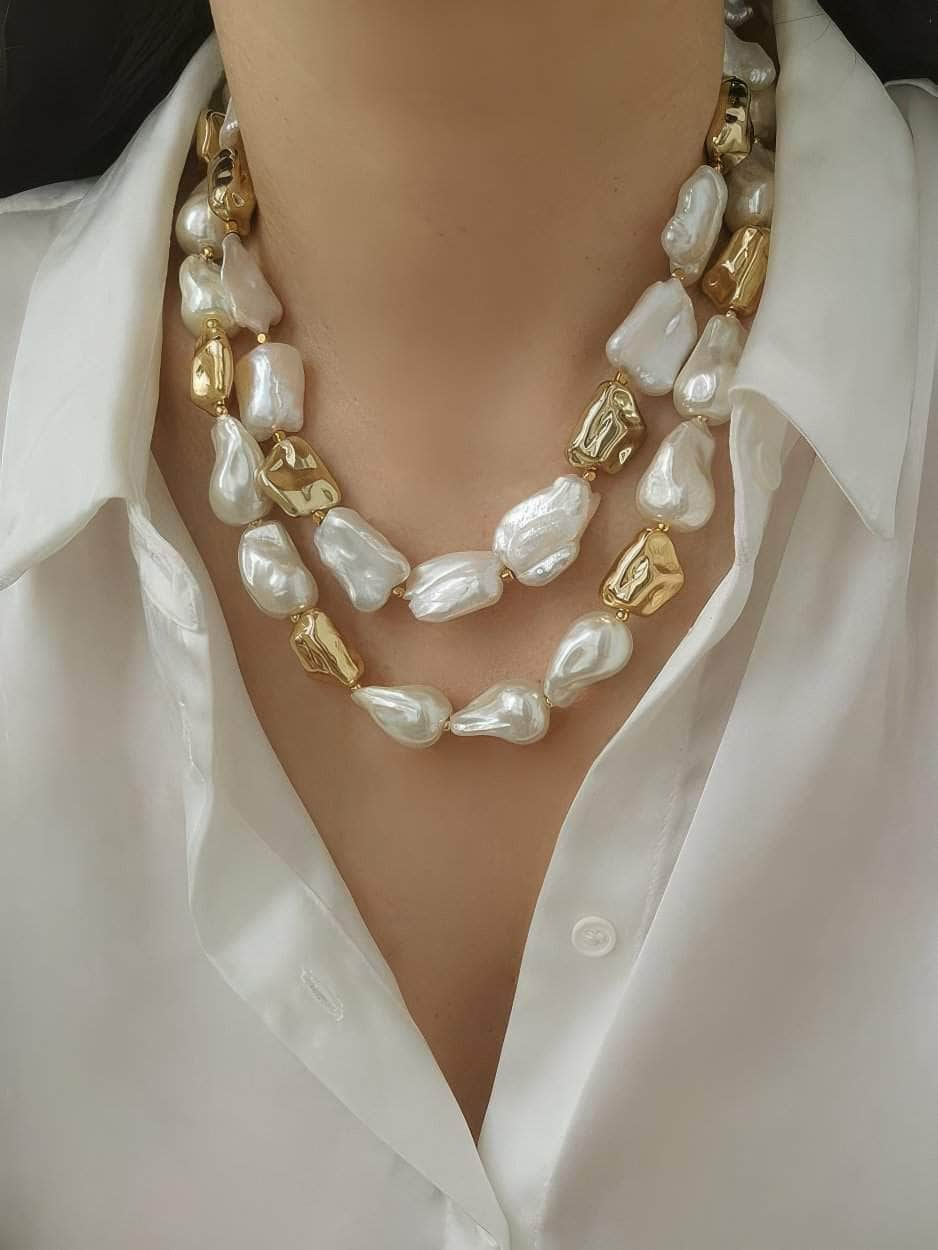 Natural White Baroque Pearl Gold Statement Necklace Gold