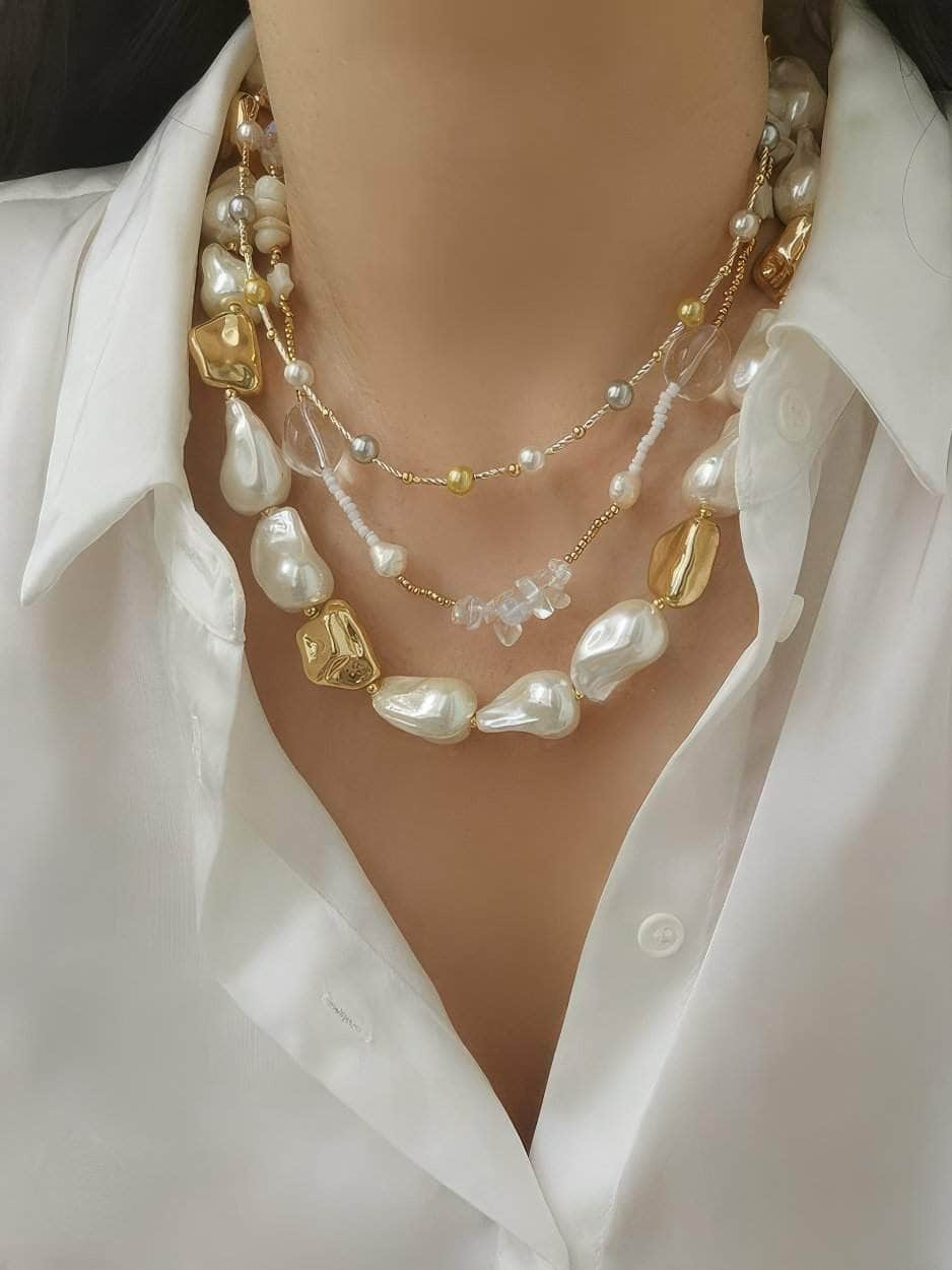 Natural White Baroque Pearl Gold Statement Necklace Gold