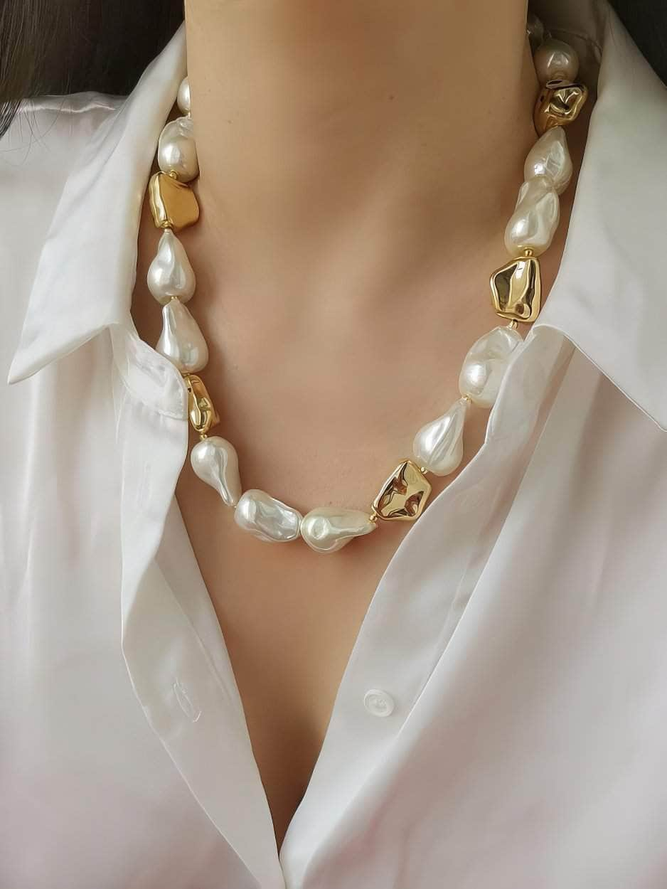 Natural White Baroque Pearl Gold Statement Necklace Gold