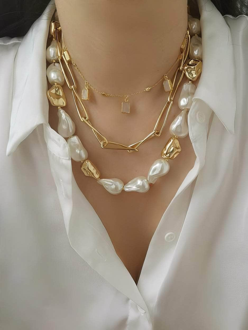 Natural White Baroque Pearl Gold Statement Necklace Gold