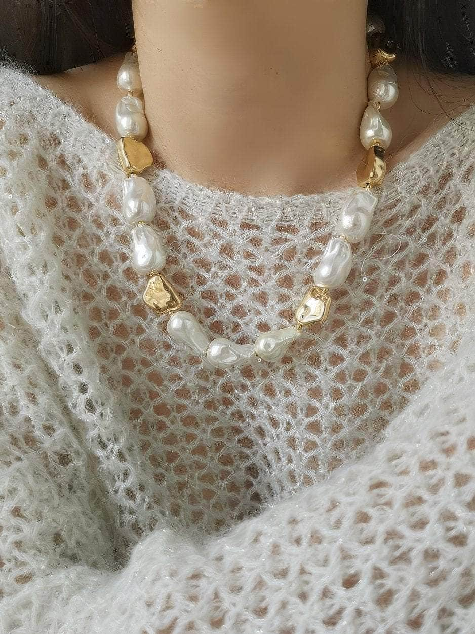 Natural White Baroque Pearl Gold Statement Necklace Gold