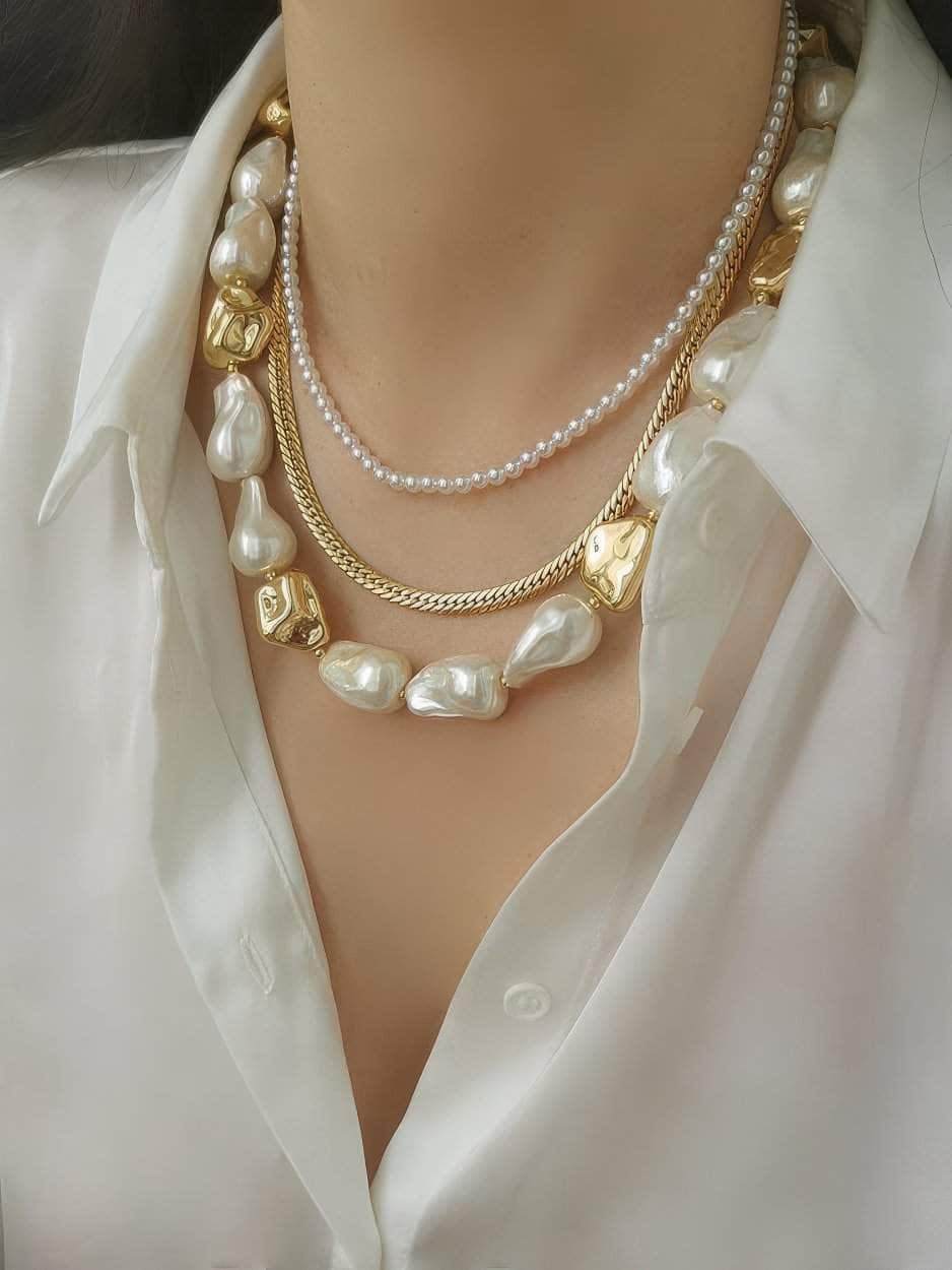 Natural White Baroque Pearl Gold Statement Necklace Gold