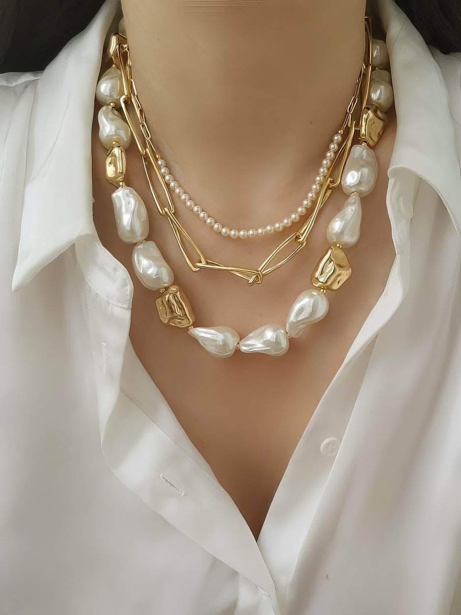 Natural White Baroque Pearl Gold Statement Necklace Gold