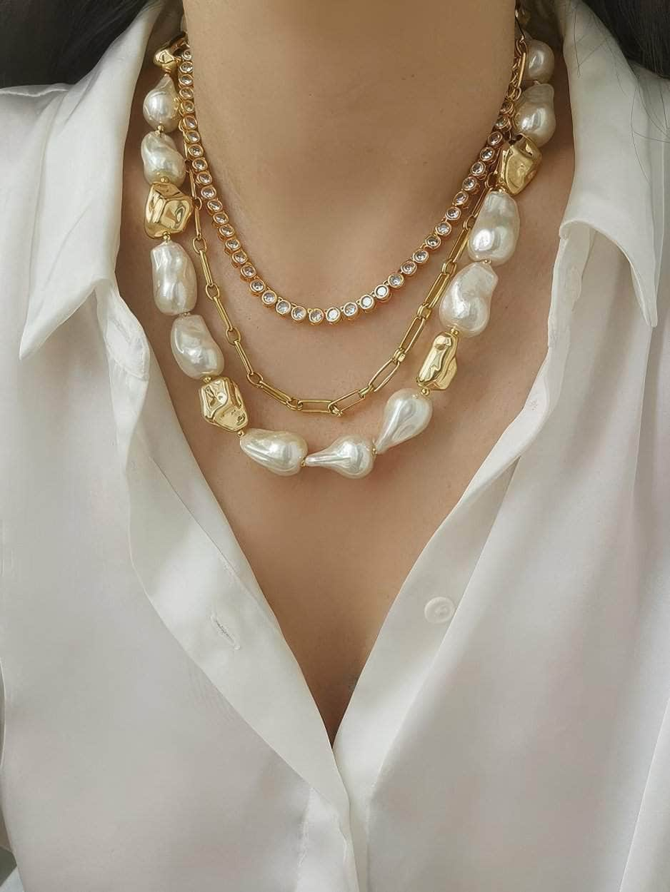 Natural White Baroque Pearl Gold Statement Necklace Gold