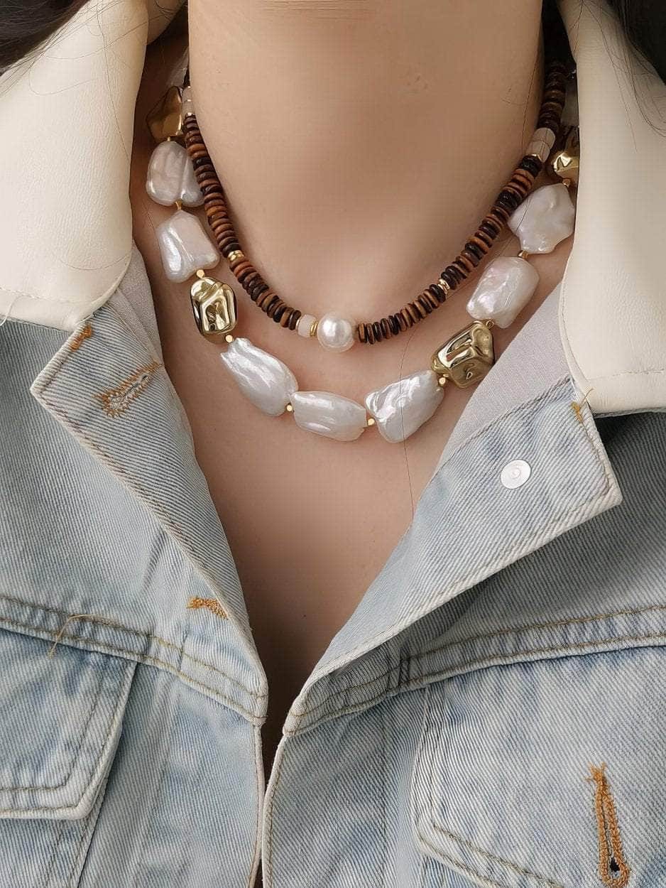 Natural White Baroque Pearl Gold Statement Necklace Gold