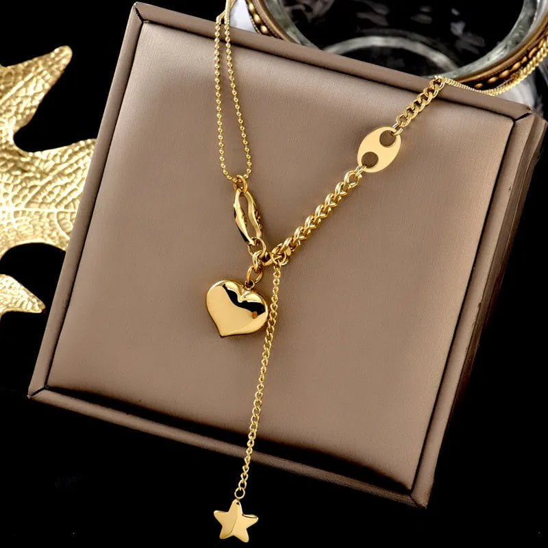 New 316L Titanium Gold Color Choker Necklace - Fashion Luxury Letter Love Heart Pendant for Women's Party