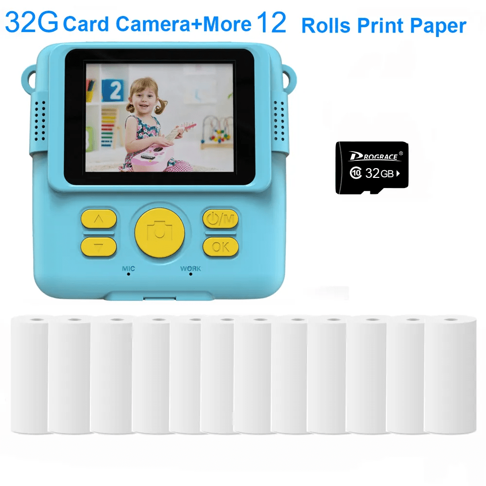 New Children Digital Camera - Instant Print for Kids, Thermal Print, Instant Photo Printing Camera, Video, Kids Toys for Girls 32G Blue 12 Paper