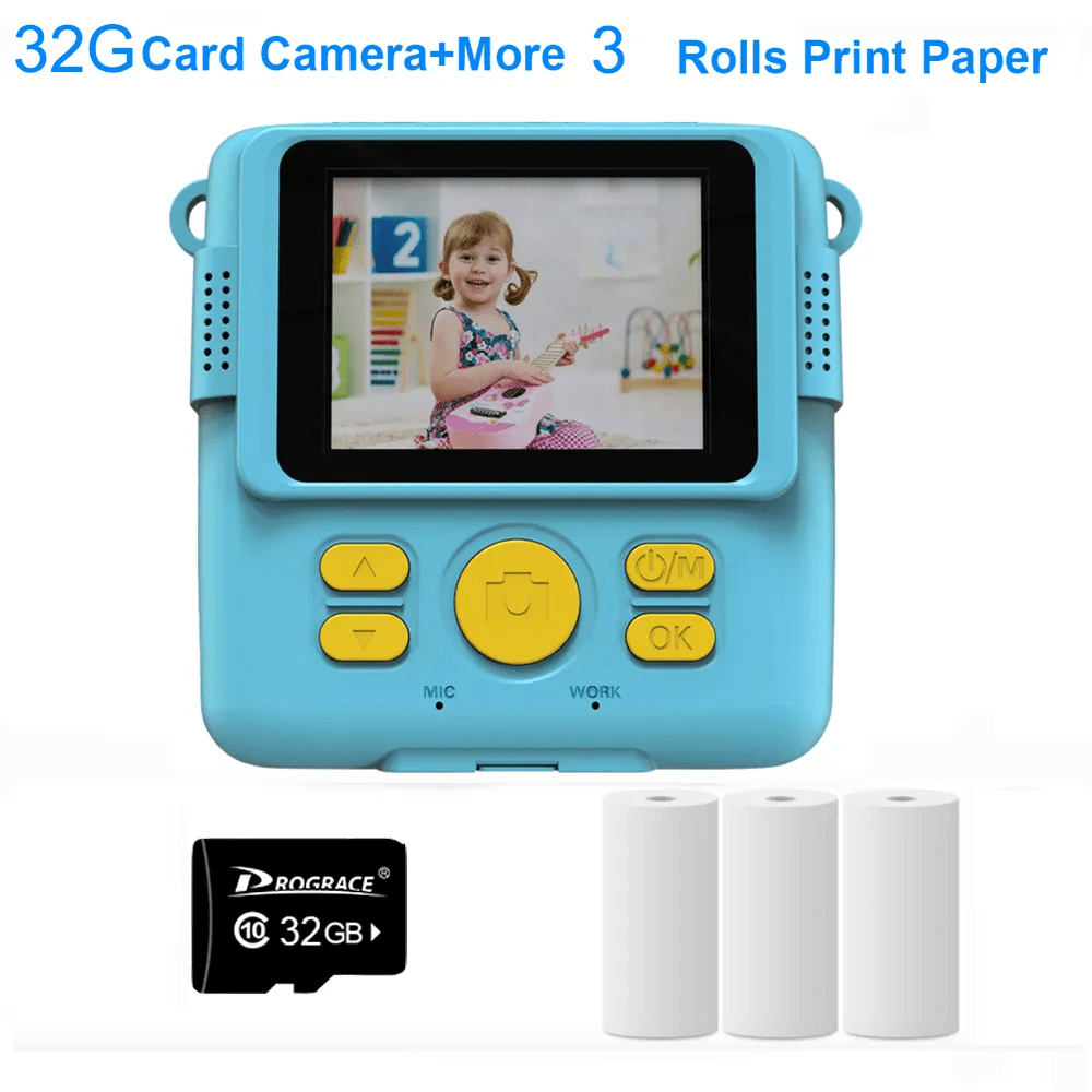 New Children Digital Camera - Instant Print for Kids, Thermal Print, Instant Photo Printing Camera, Video, Kids Toys for Girls 32G Blue 3 Paper