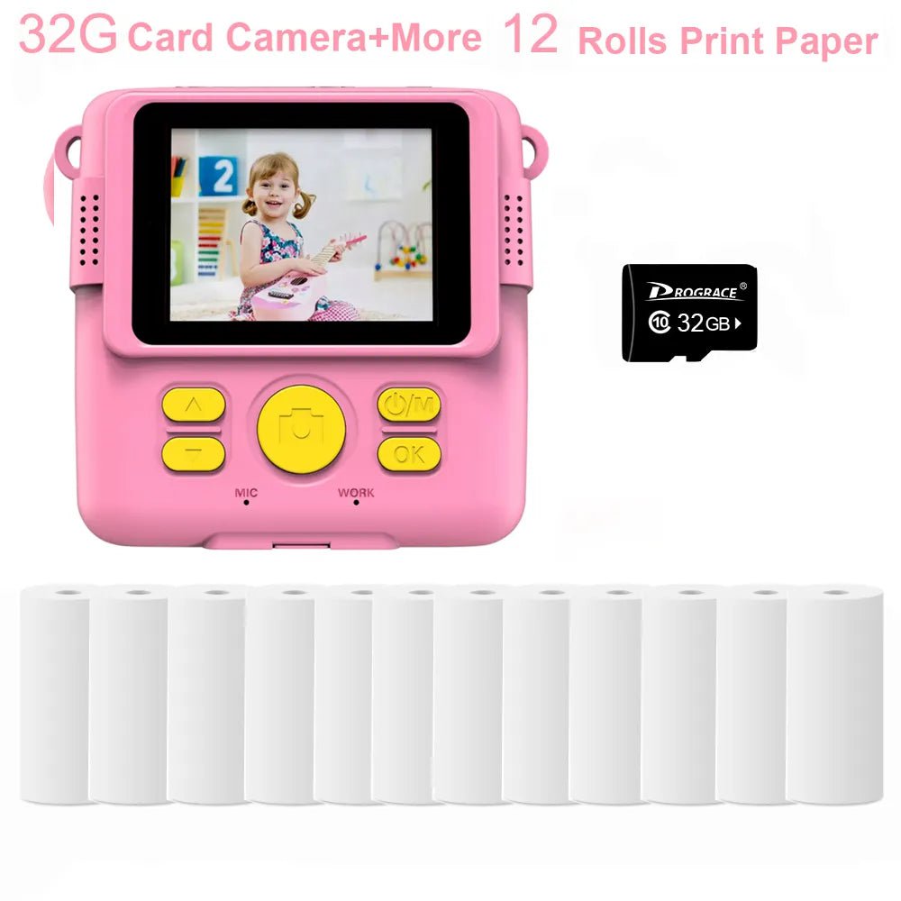 New Children Digital Camera - Instant Print for Kids, Thermal Print, Instant Photo Printing Camera, Video, Kids Toys for Girls 32G Pink 12 Paper