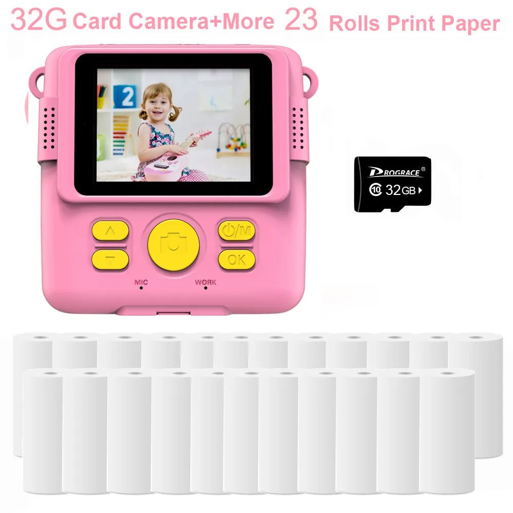 New Children Digital Camera - Instant Print for Kids, Thermal Print, Instant Photo Printing Camera, Video, Kids Toys for Girls 32G Pink 23 Paper