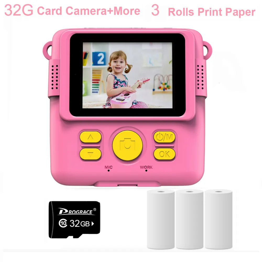 New Children Digital Camera - Instant Print for Kids, Thermal Print, Instant Photo Printing Camera, Video, Kids Toys for Girls 32G Pink 3 Paper